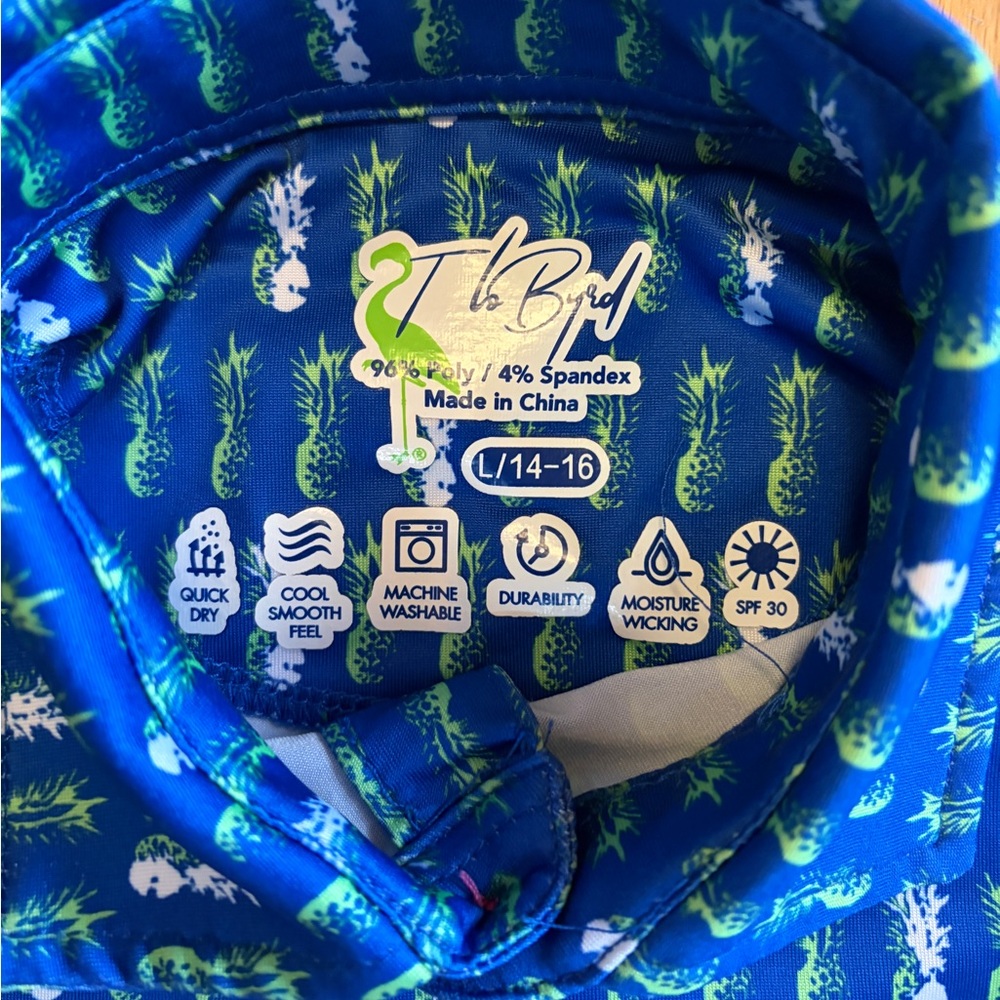 Tailorbyrd Blue Pineapple Print Kids Performance Polo Shirt Large 14-16 - Picture 2 of 2